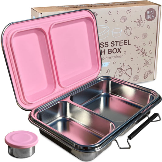 Stainless Steel Lunch Container and Dip Container - Premium Metal Bento Box - Stainless Steel Food Container with 2 Compartments - Modern Leakproof Snack Lunch Set (Pink)